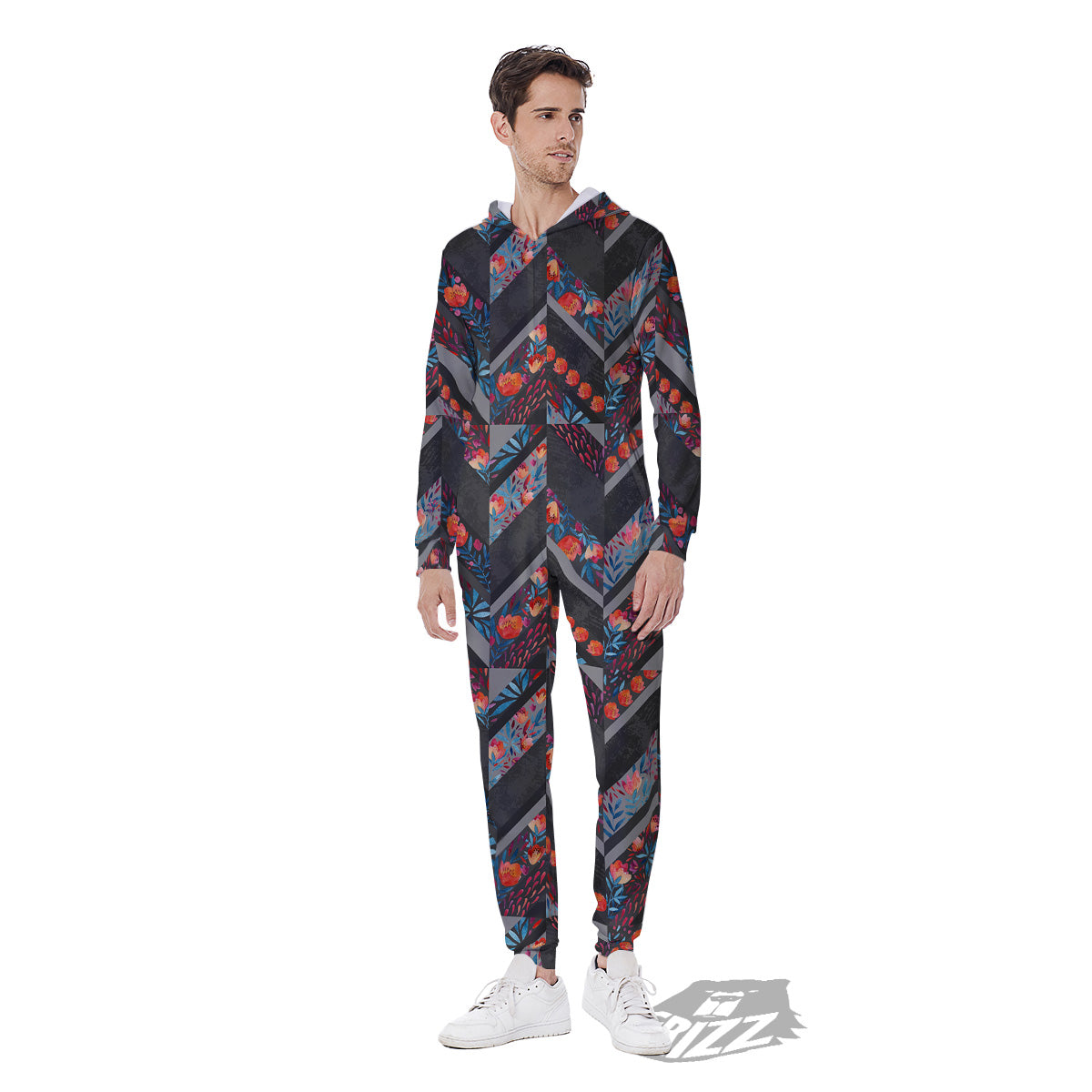 Chevron Watercolor Flowers Print Pattern Men's Jumpsuit-grizzshop