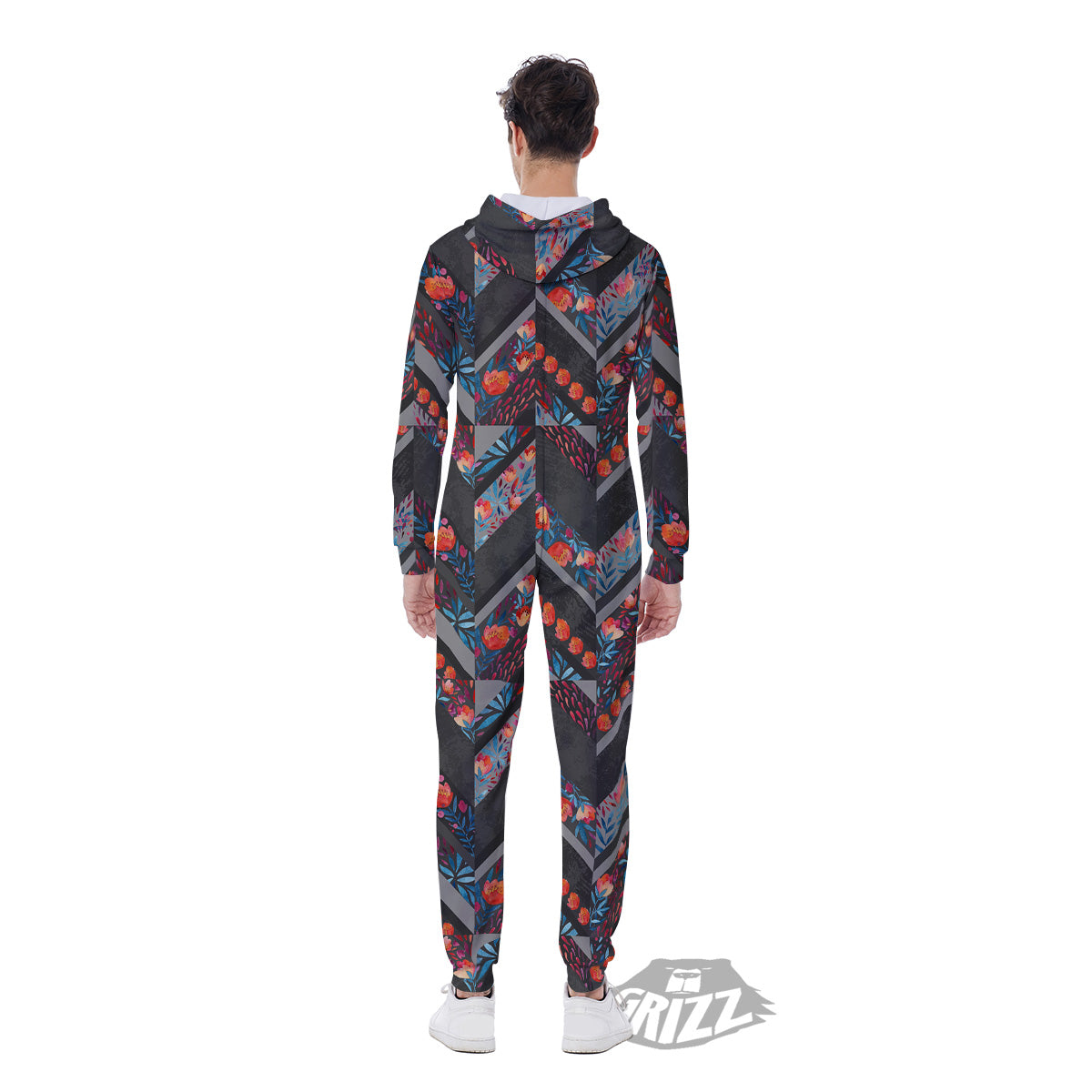 Chevron Watercolor Flowers Print Pattern Men's Jumpsuit-grizzshop