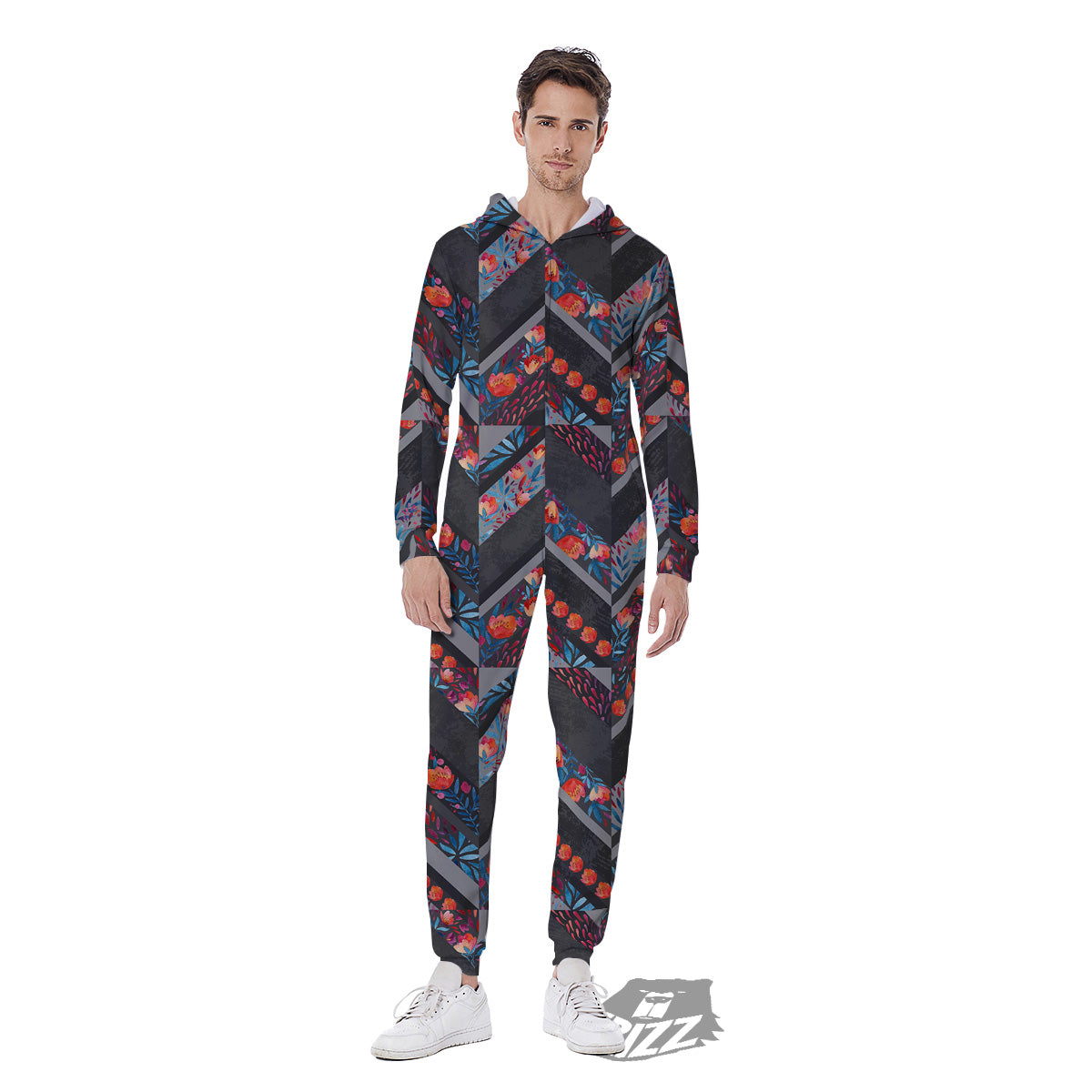 Chevron Watercolor Flowers Print Pattern Men's Jumpsuit-grizzshop