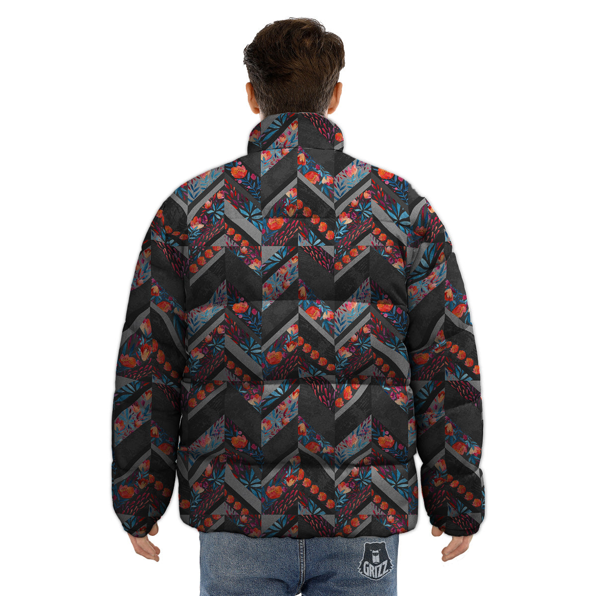 Chevron Watercolor Flowers Print Pattern Puffer Jacket-grizzshop