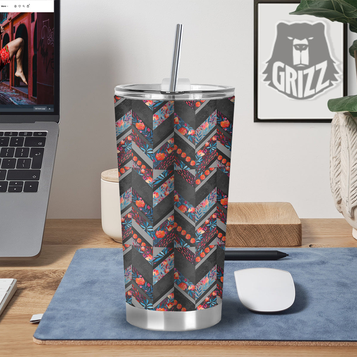 Chevron Watercolor Flowers Print Pattern Tumbler-grizzshop