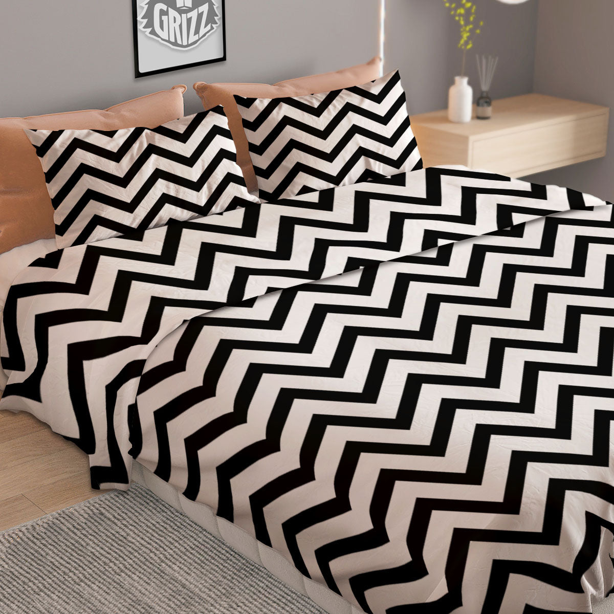 Chevron White And Black Print Pattern Duvet Cover Bedding Set