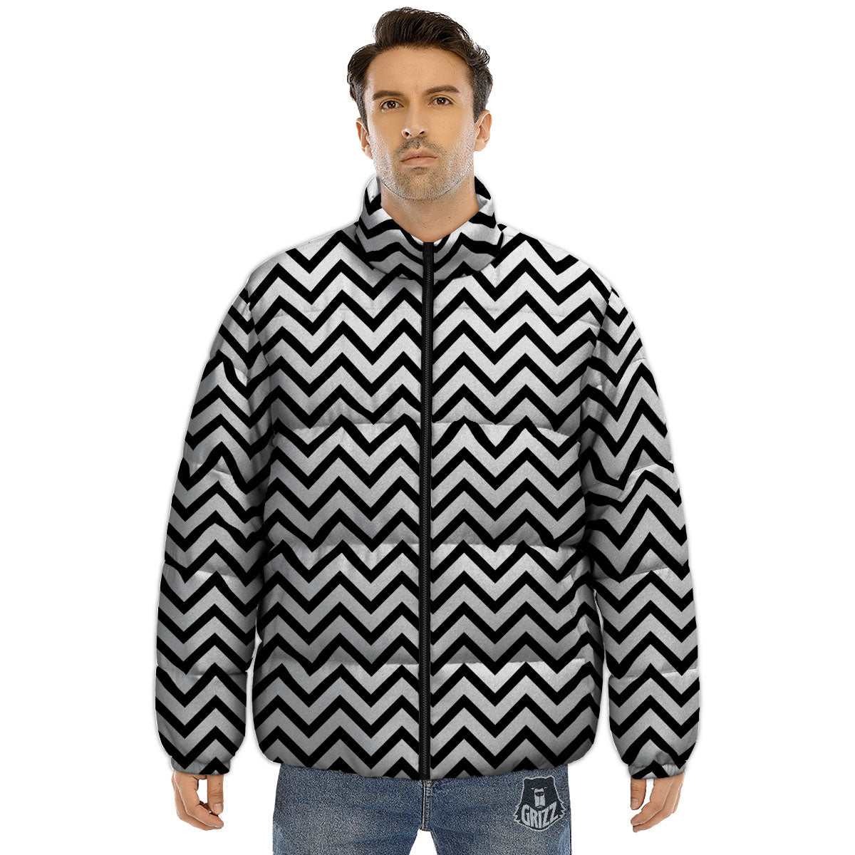 Chevron White And Black Print Pattern Puffer Jacket-grizzshop