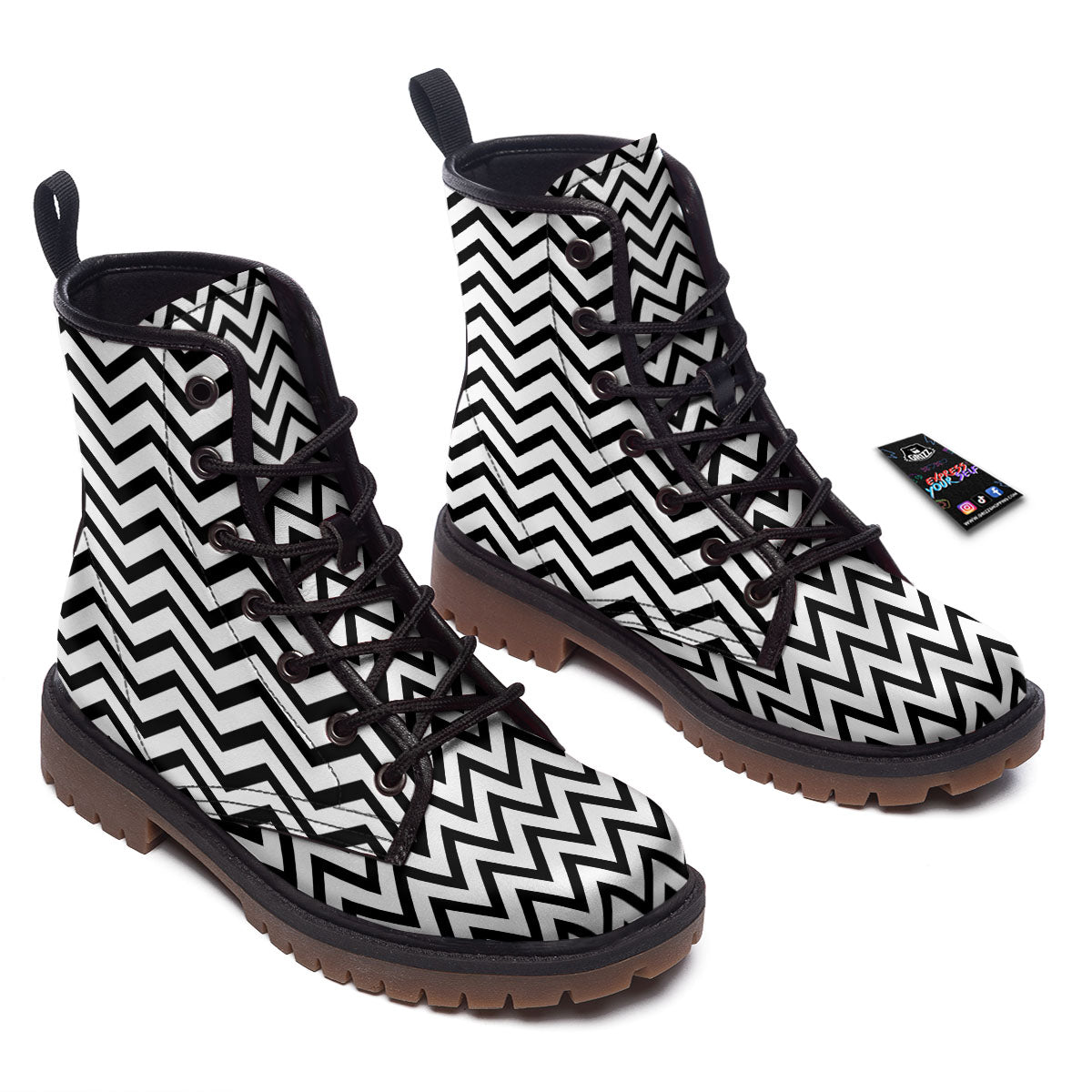 Chevron White And Black Print Pattern Work Boots-grizzshop