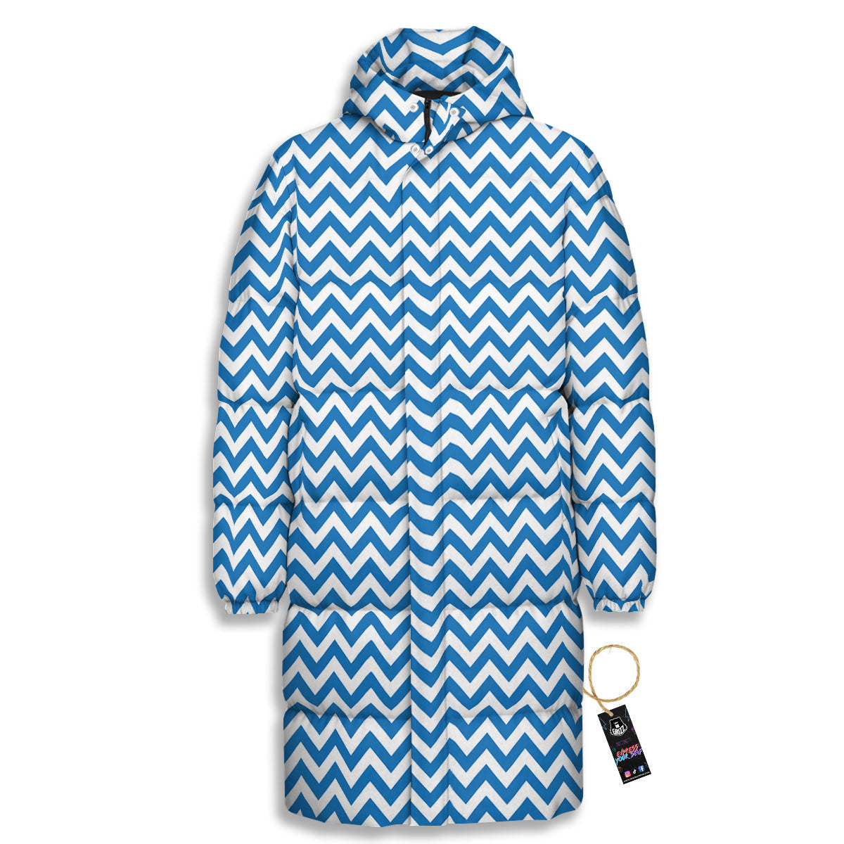 Chevron White And Blue Print Pattern Long Down Jacket-grizzshop