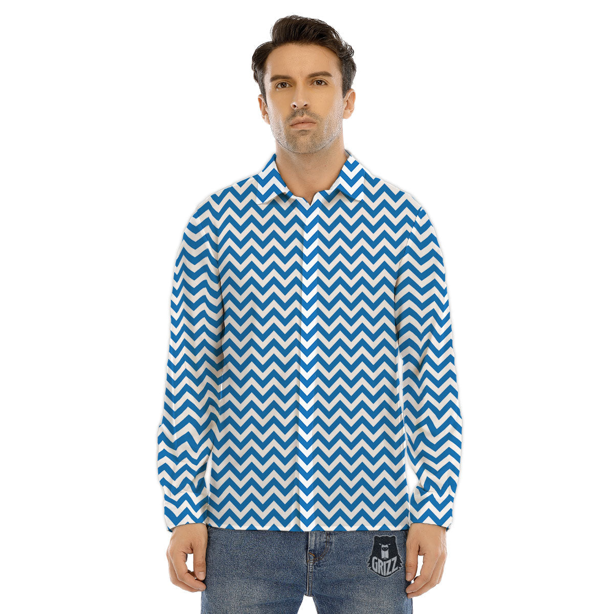 Chevron White And Blue Print Pattern Men's Dress Shirts-grizzshop
