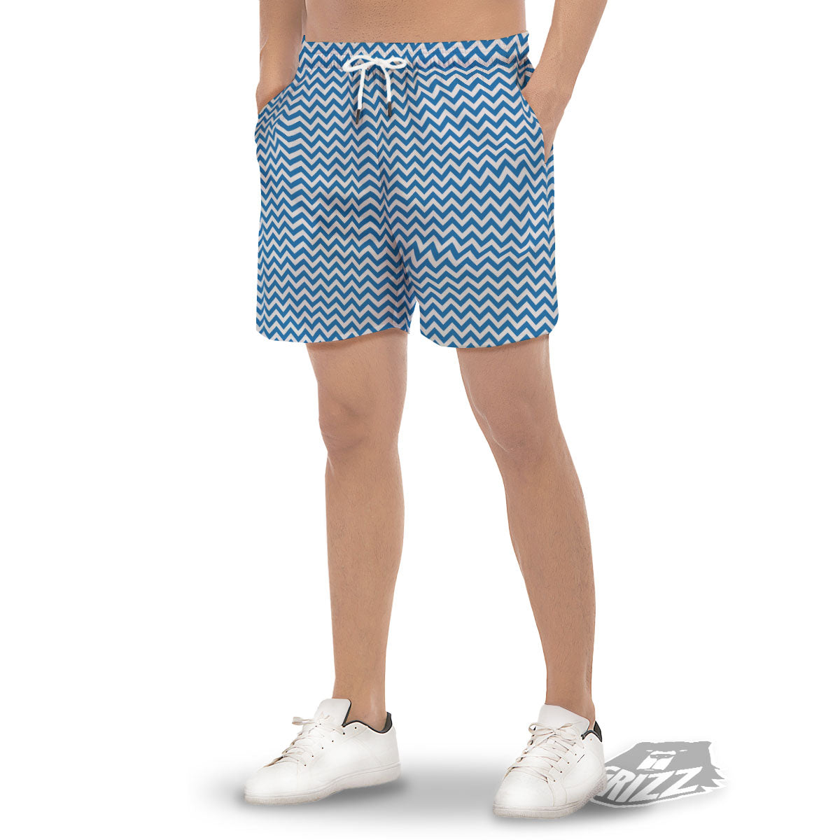 Chevron White And Blue Print Pattern Men's Gym Shorts-grizzshop