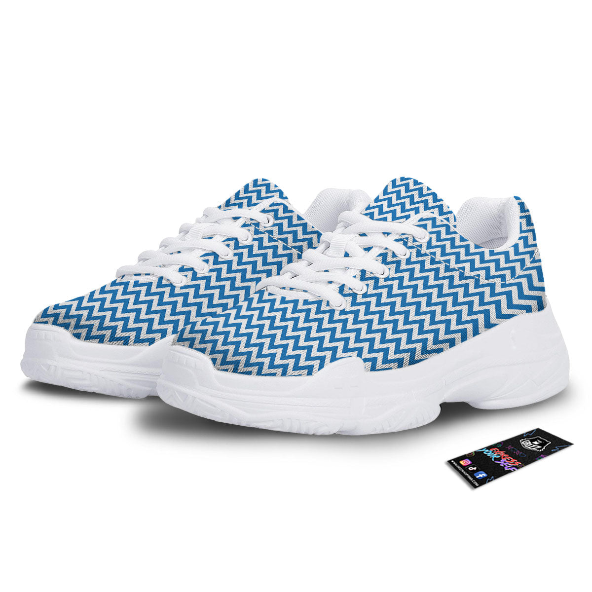 Chevron White And Blue Print Pattern White Chunky Shoes-grizzshop