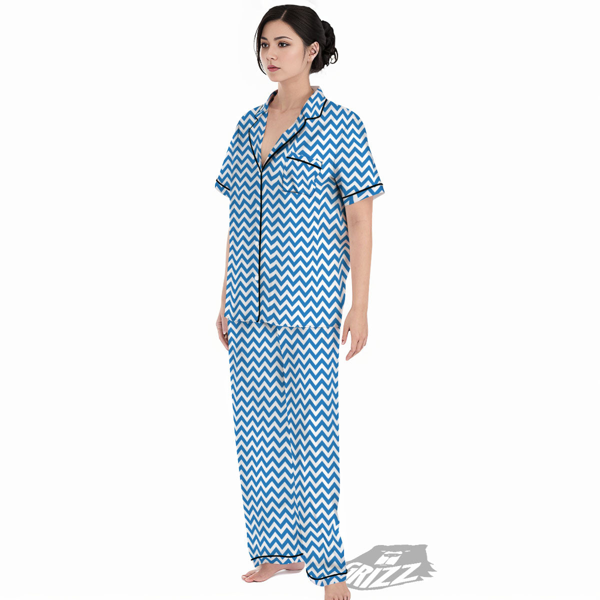 Chevron White And Blue Print Pattern Women's Pajamas Set-grizzshop