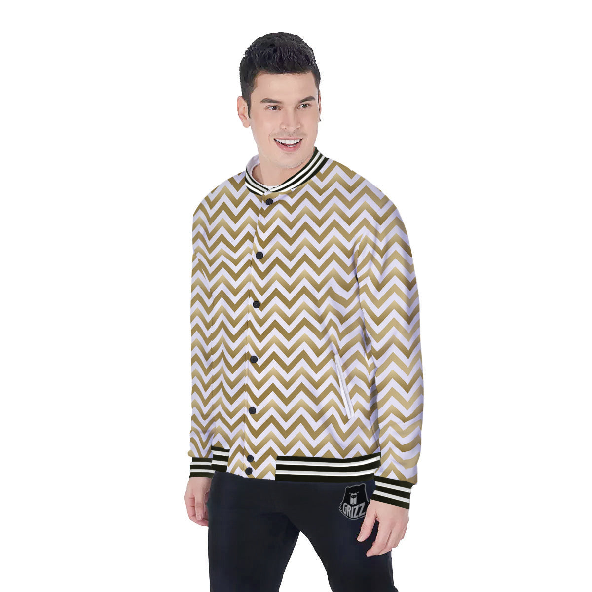 Chevron White And Gold Print Pattern Baseball Jacket-grizzshop