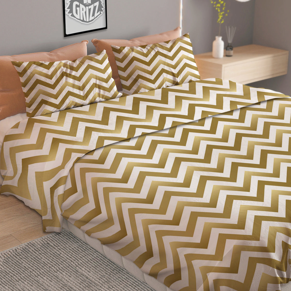 Chevron White And Gold Print Pattern Duvet Cover Bedding Set