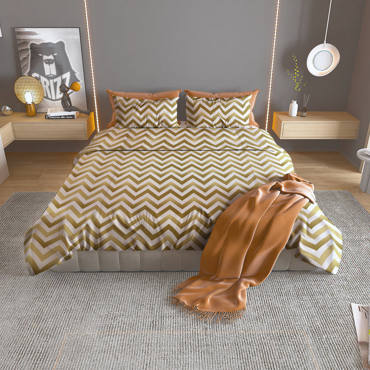 Chevron White And Gold Print Pattern Duvet Cover Bedding Set
