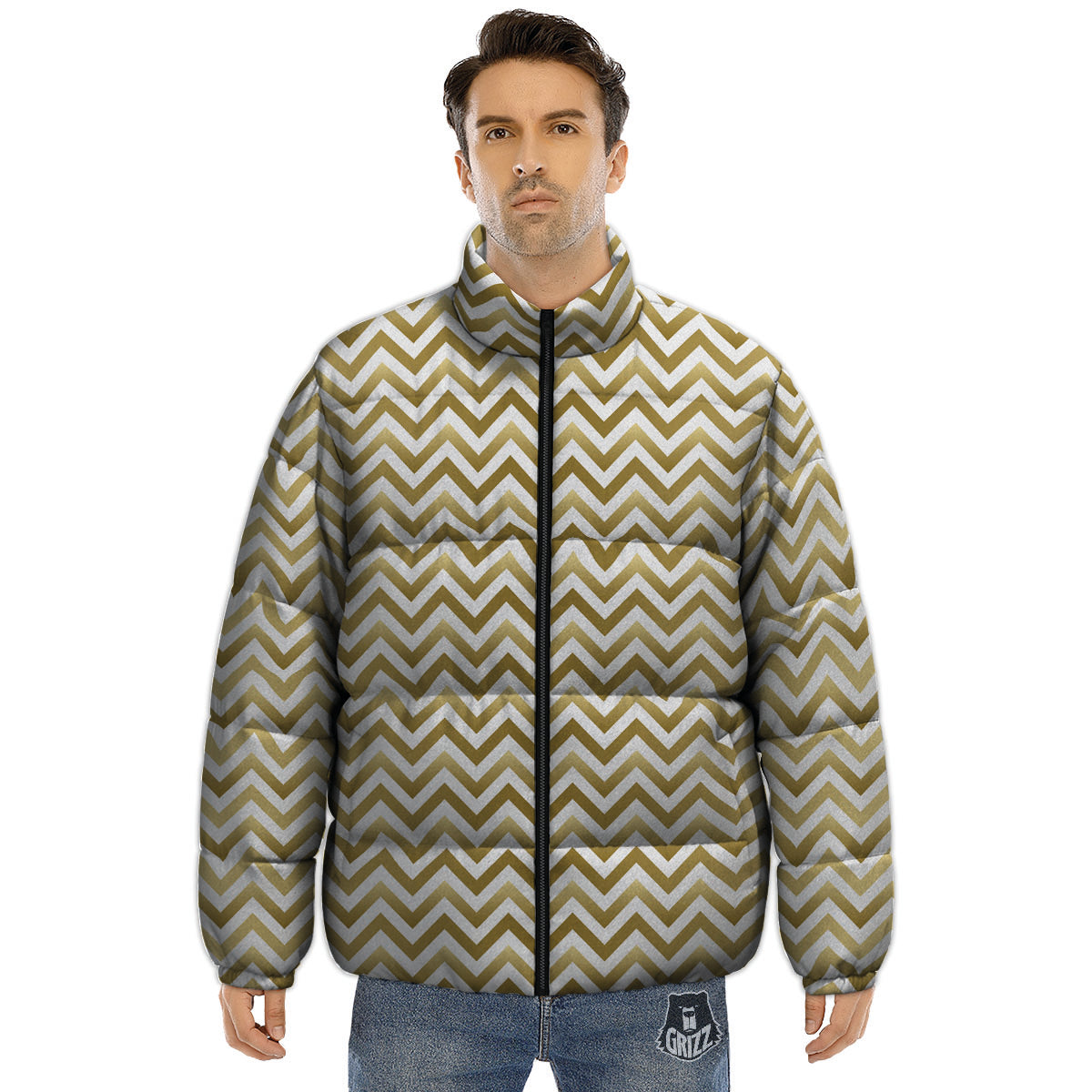 Chevron White And Gold Print Pattern Puffer Jacket-grizzshop