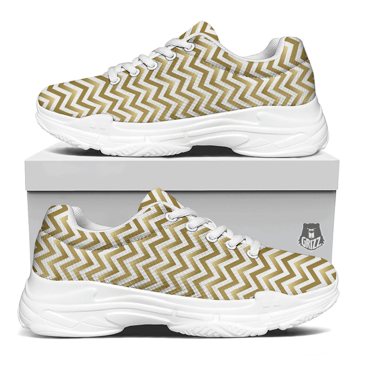 Chevron White And Gold Print Pattern White Chunky Shoes-grizzshop