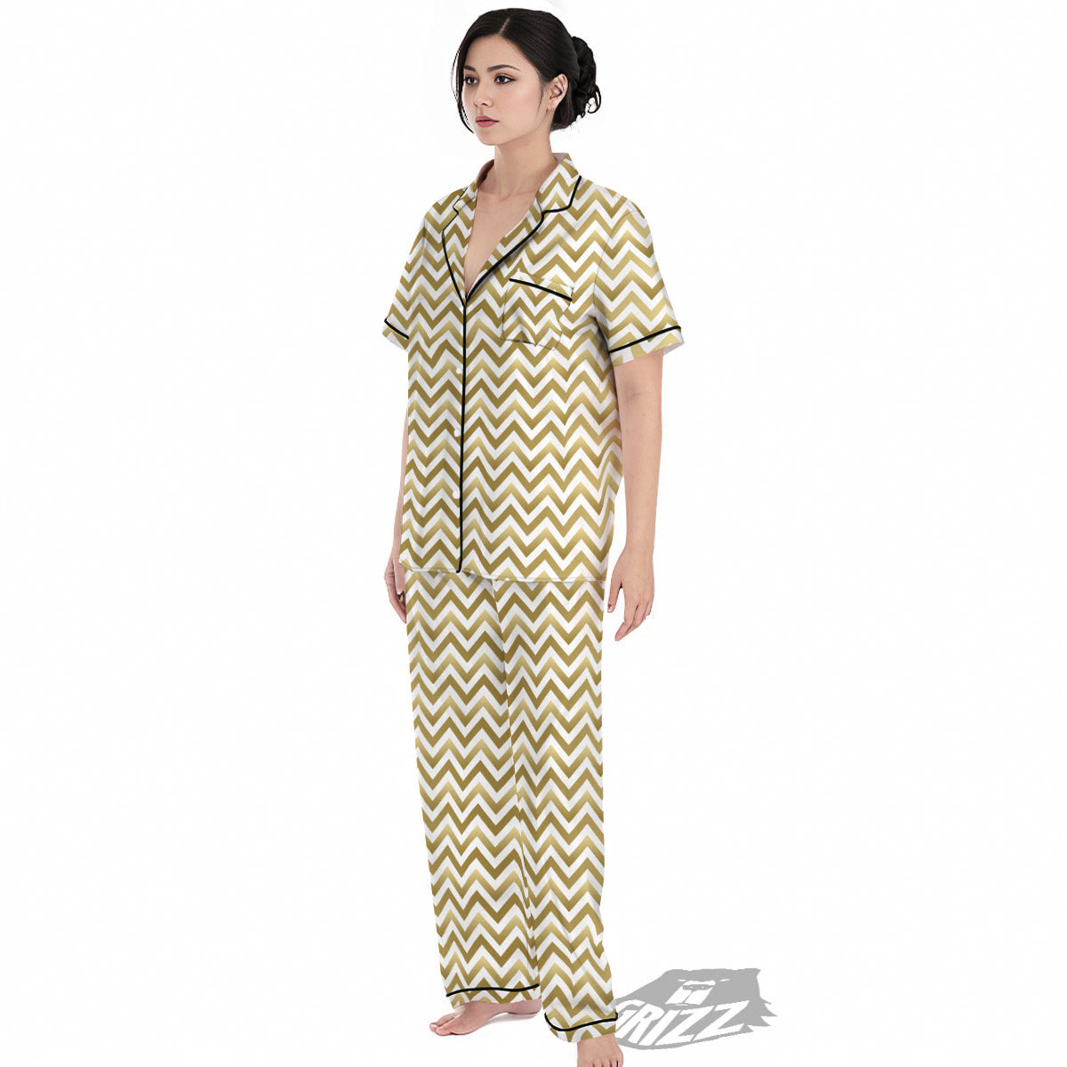 Chevron White And Gold Print Pattern Women's Pajamas Set-grizzshop