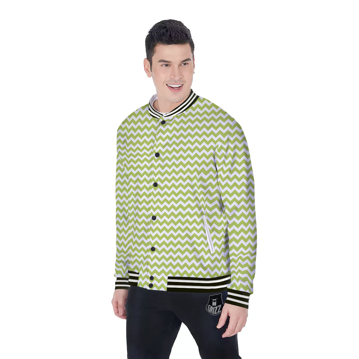Chevron White And Green Print Pattern Baseball Jacket-grizzshop