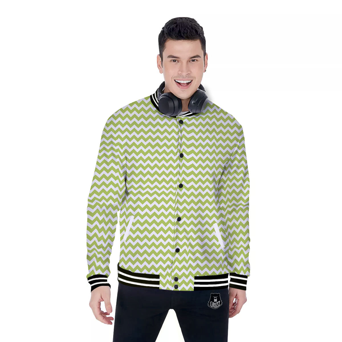 Chevron White And Green Print Pattern Baseball Jacket-grizzshop