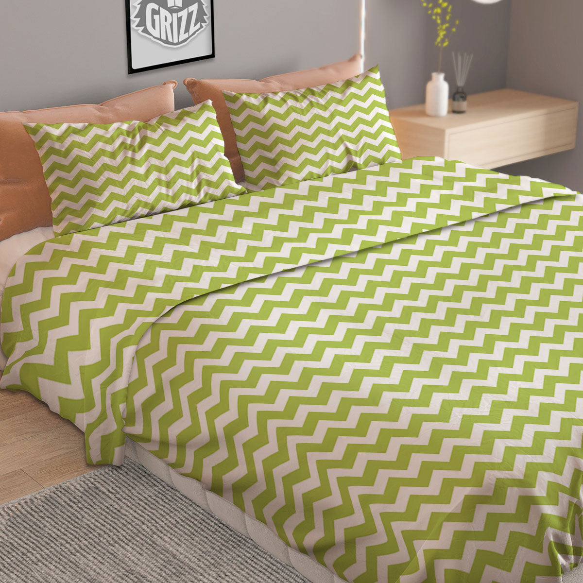Chevron White And Green Print Pattern Duvet Cover Bedding Set