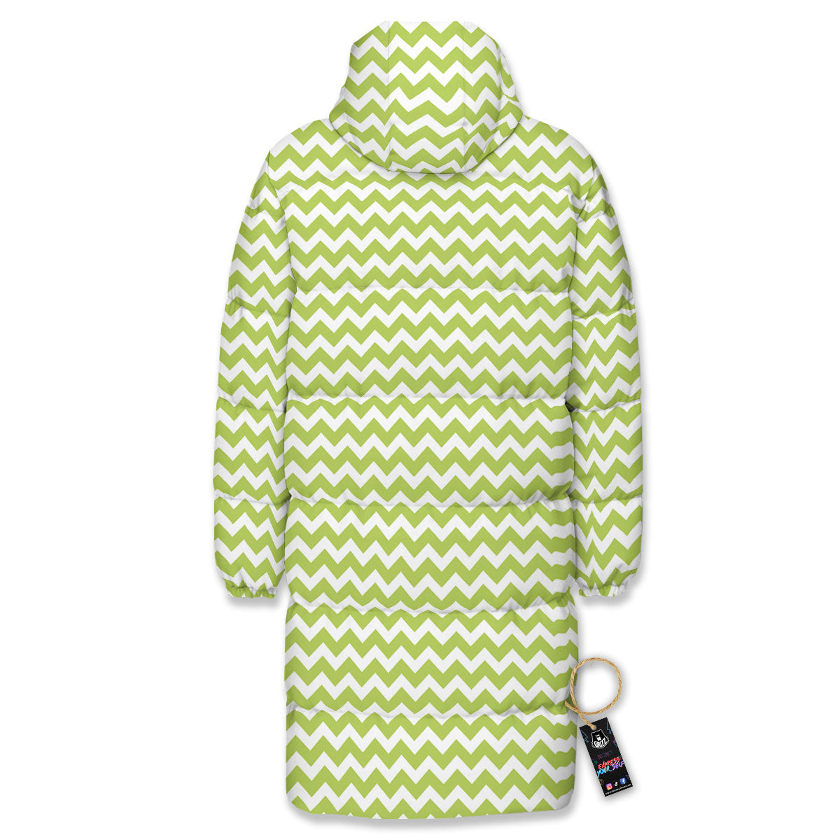 Chevron White And Green Print Pattern Long Down Jacket-grizzshop