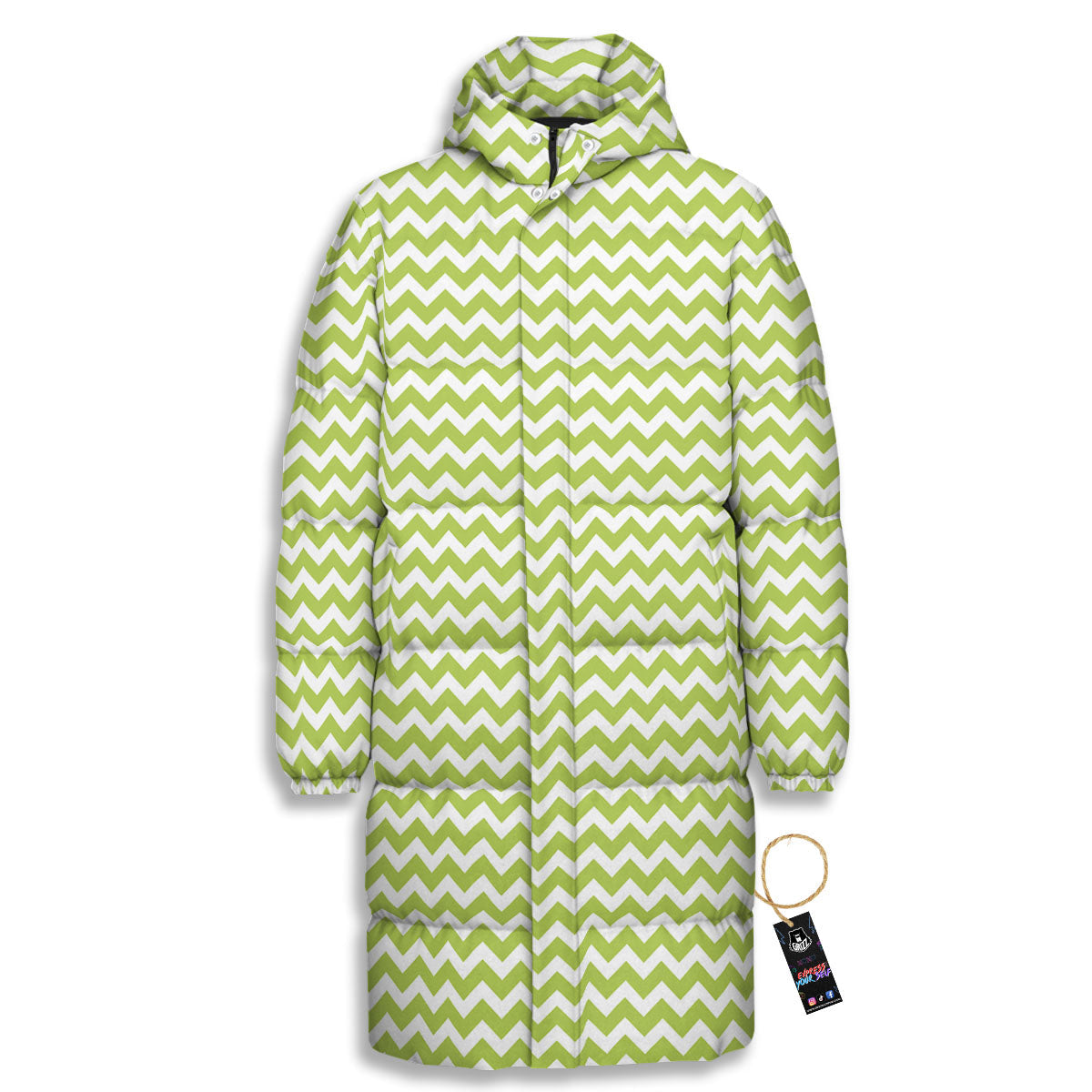 Chevron White And Green Print Pattern Long Down Jacket-grizzshop