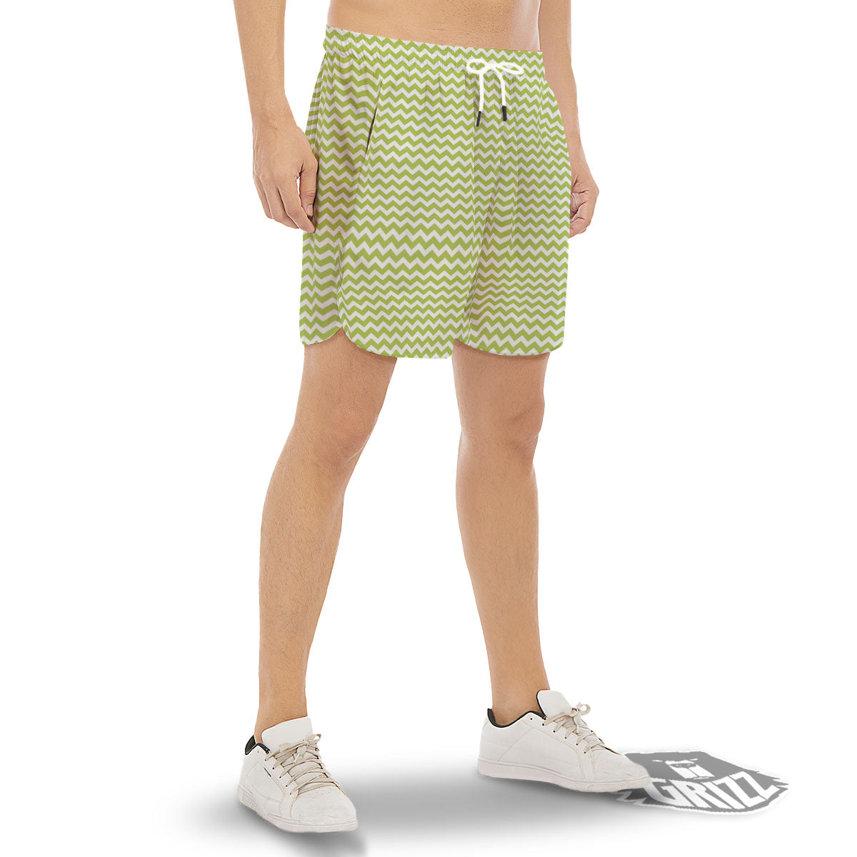 Chevron White And Green Print Pattern Men's Gym Shorts-grizzshop
