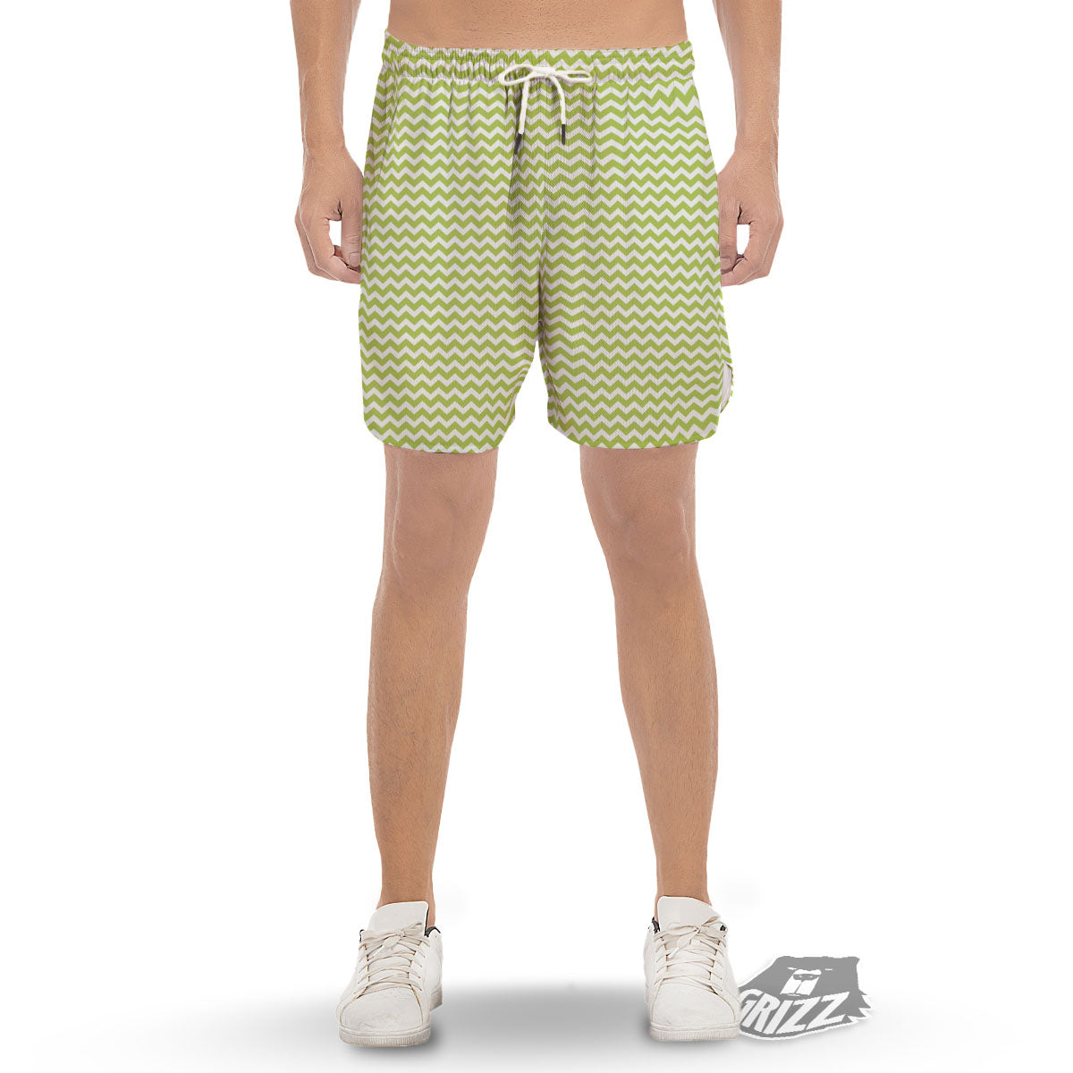 Chevron White And Green Print Pattern Men's Gym Shorts-grizzshop