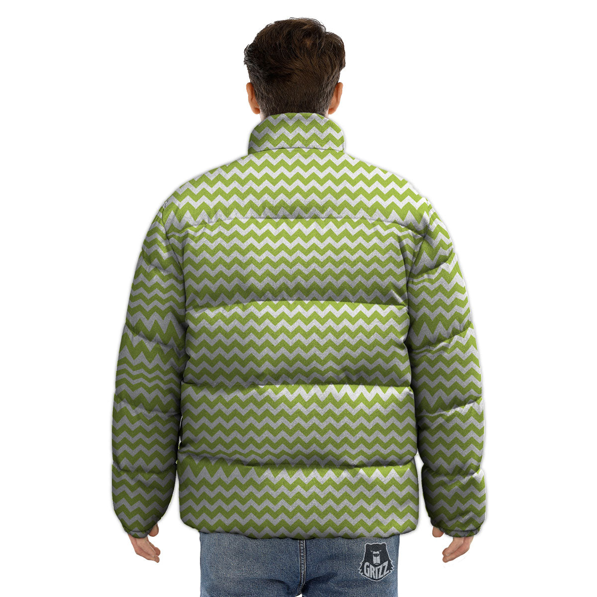 Chevron White And Green Print Pattern Puffer Jacket-grizzshop