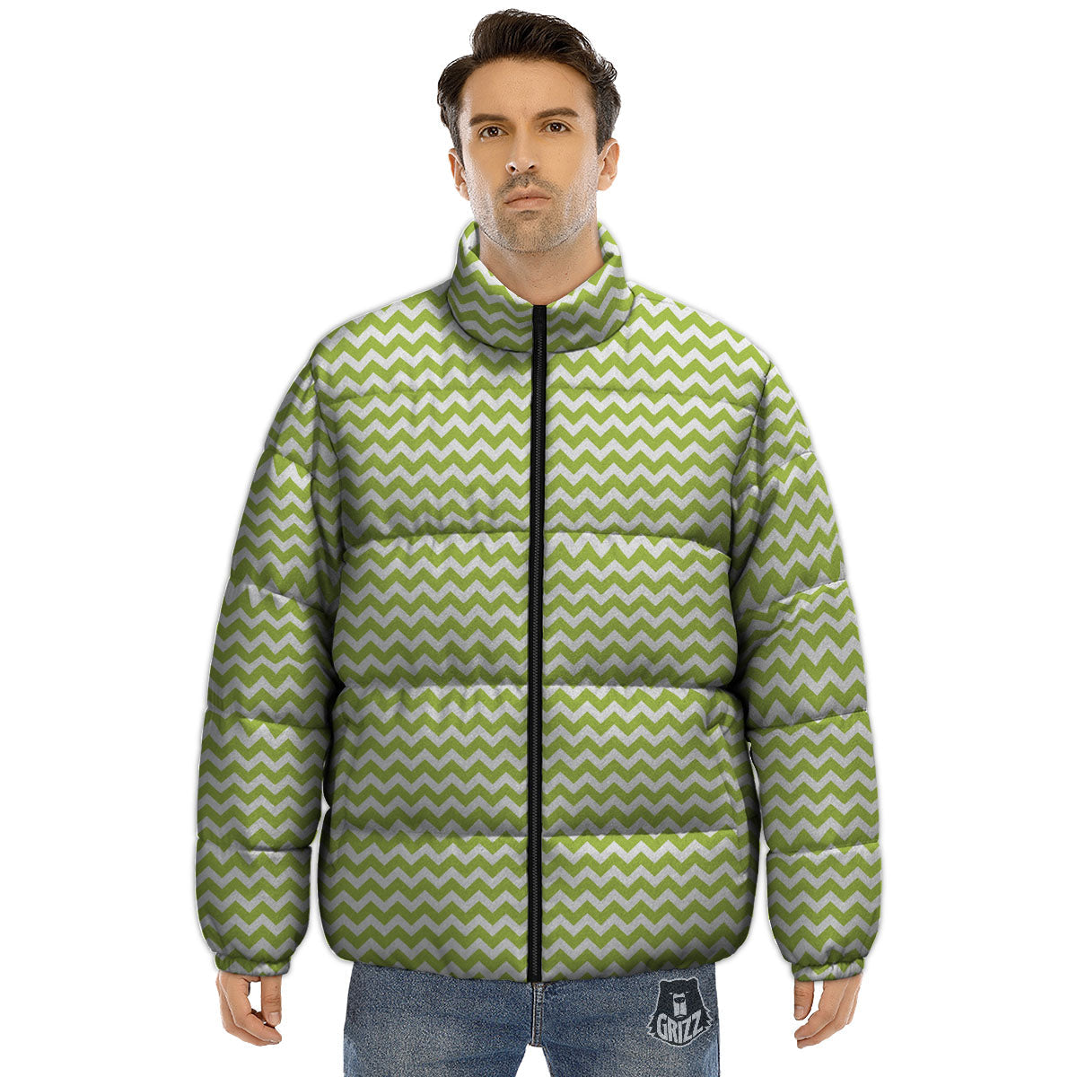 Chevron White And Green Print Pattern Puffer Jacket-grizzshop