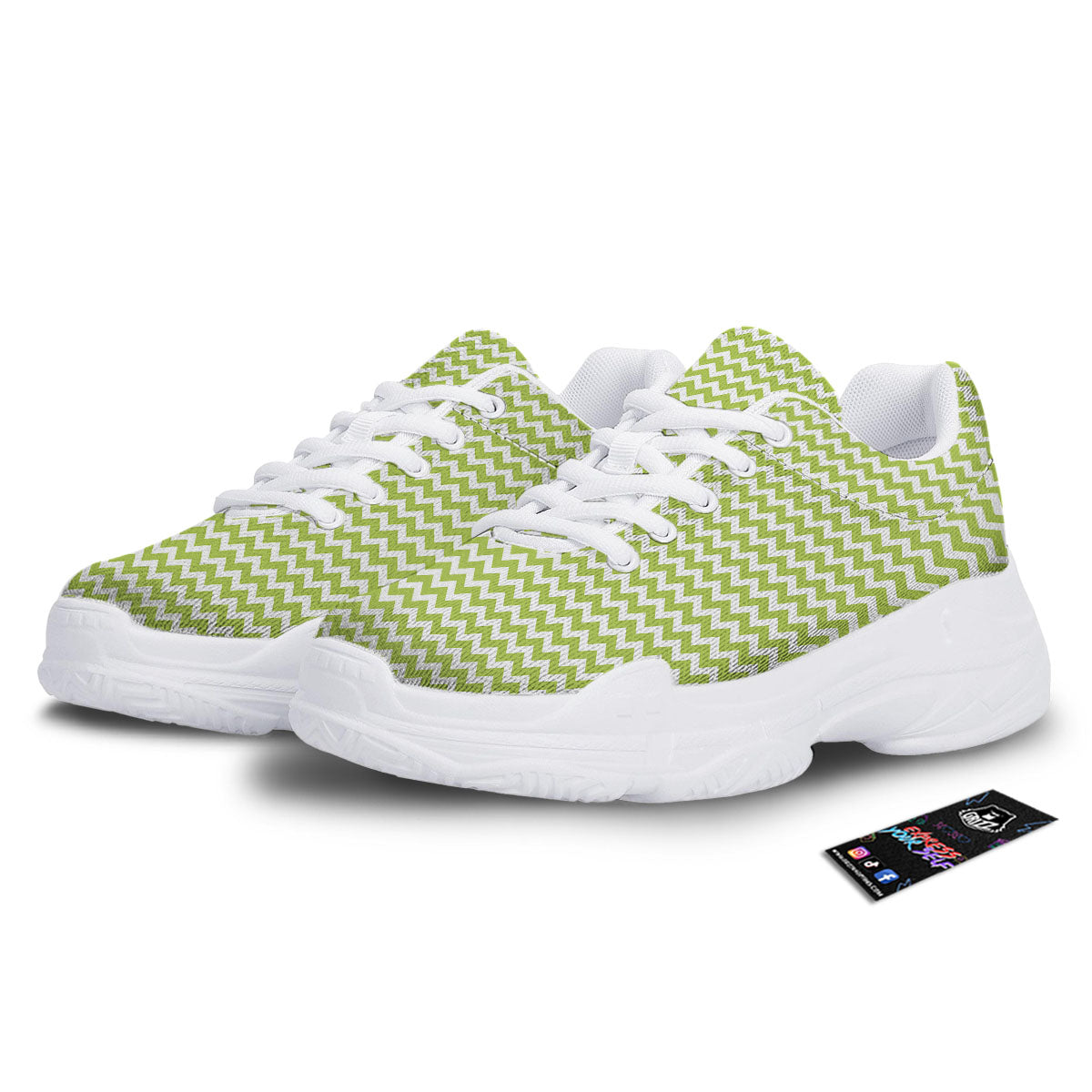 Chevron White And Green Print Pattern White Chunky Shoes-grizzshop