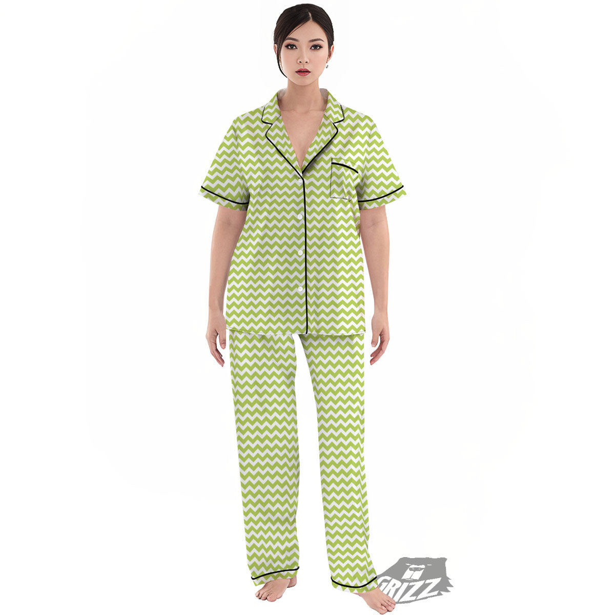 Chevron White And Green Print Pattern Women's Pajamas Set-grizzshop