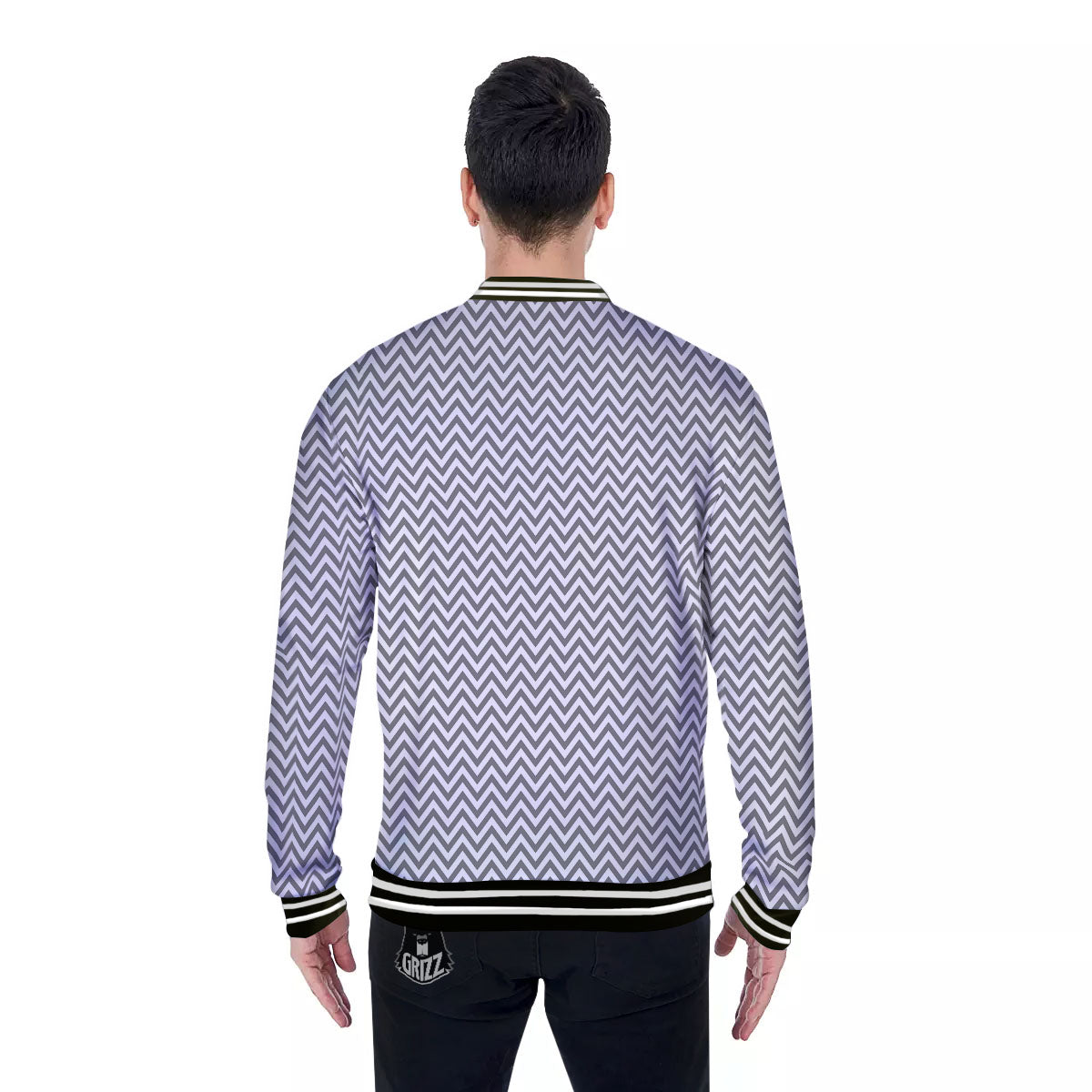 Chevron White And Grey Print Pattern Baseball Jacket-grizzshop