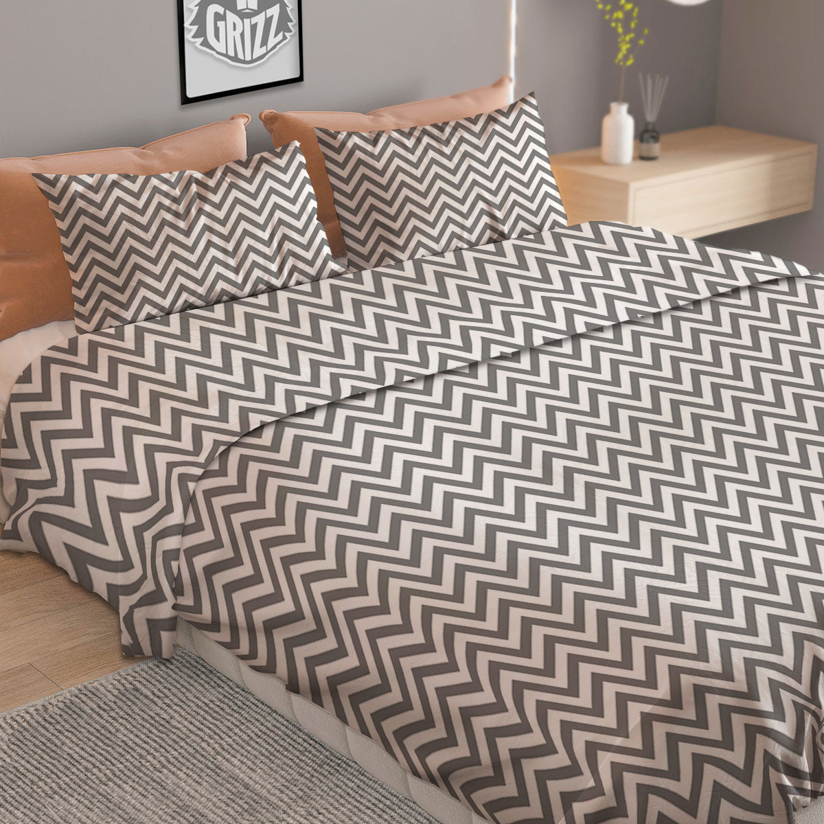 Chevron White And Grey Print Pattern Duvet Cover Bedding Set