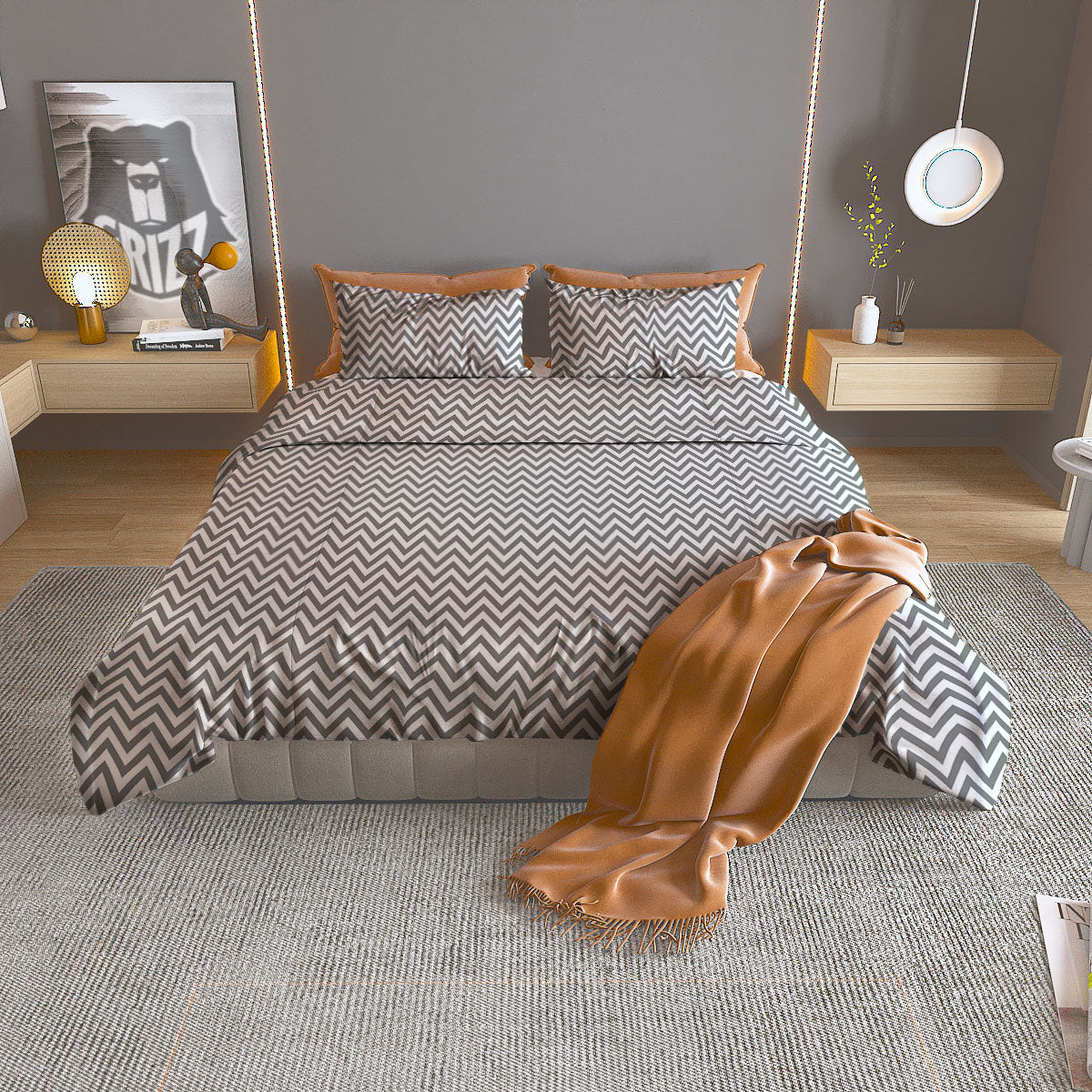 Chevron White And Grey Print Pattern Duvet Cover Bedding Set