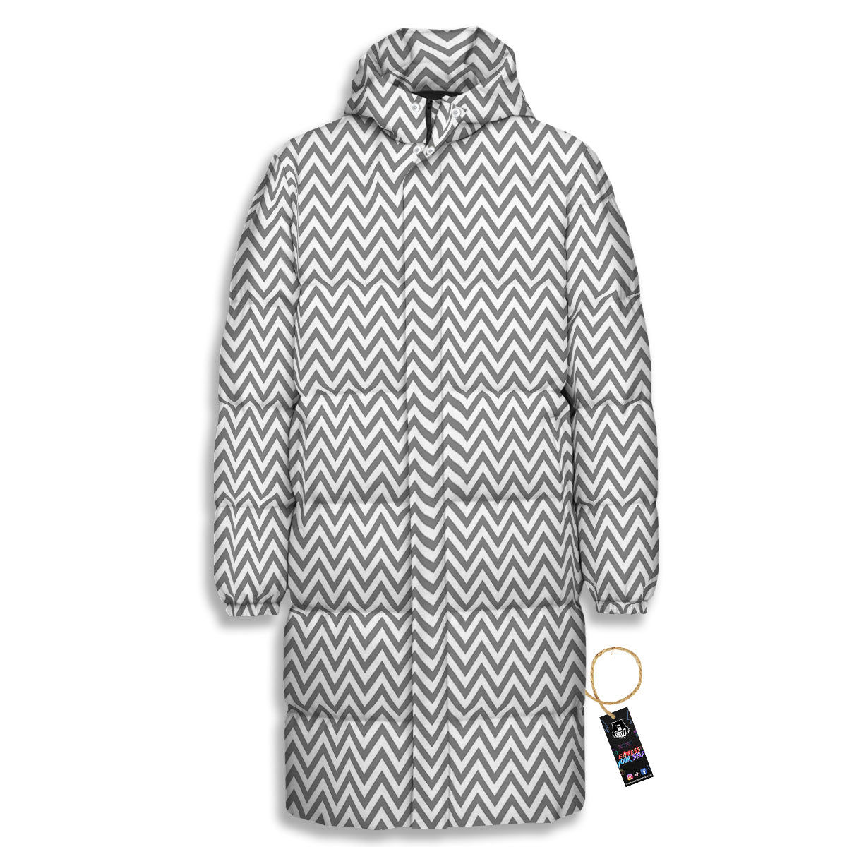 Chevron White And Grey Print Pattern Long Down Jacket-grizzshop