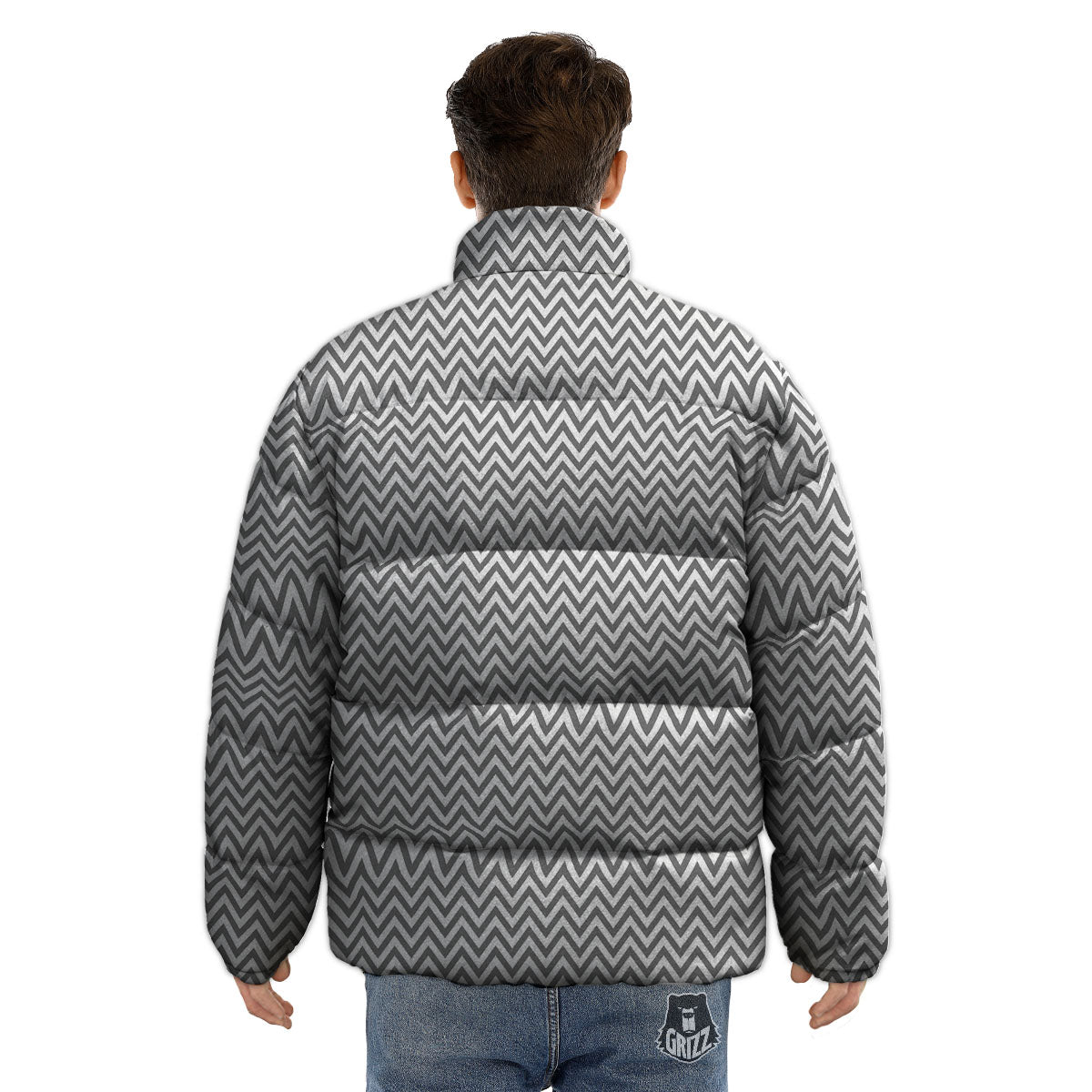 Chevron White And Grey Print Pattern Puffer Jacket-grizzshop