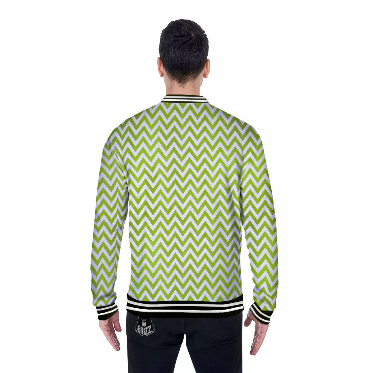 Chevron White And Lime Green Print Baseball Jacket-grizzshop