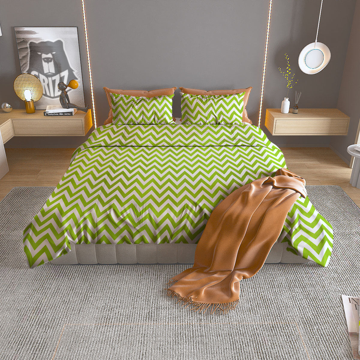 Chevron White And Lime Green Print Duvet Cover Bedding Set