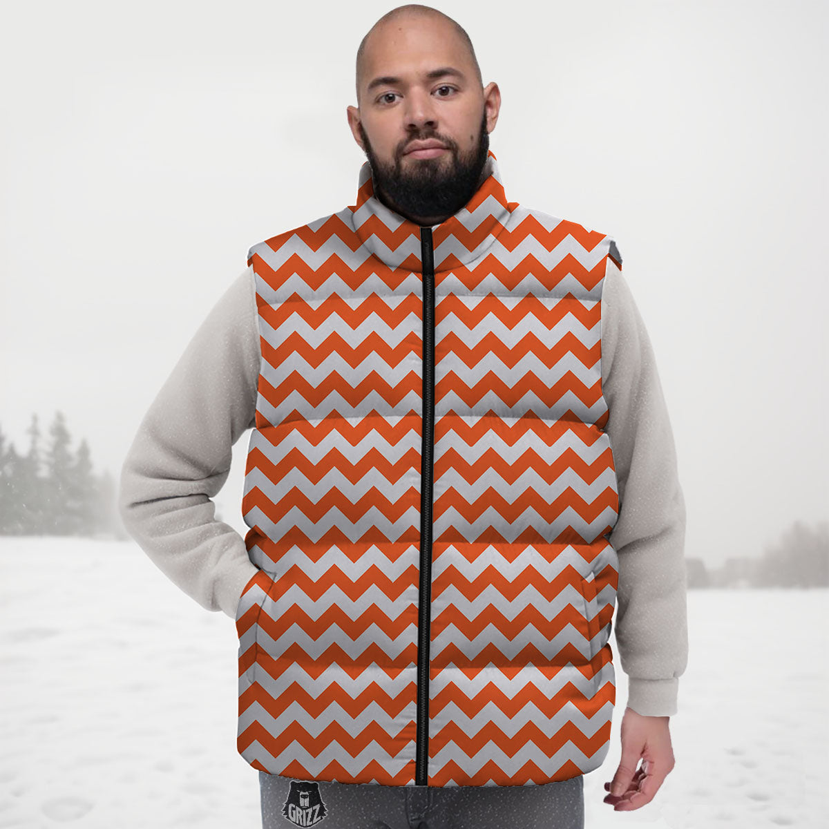 Chevron White And Orange Print Pattern Down Vest-grizzshop