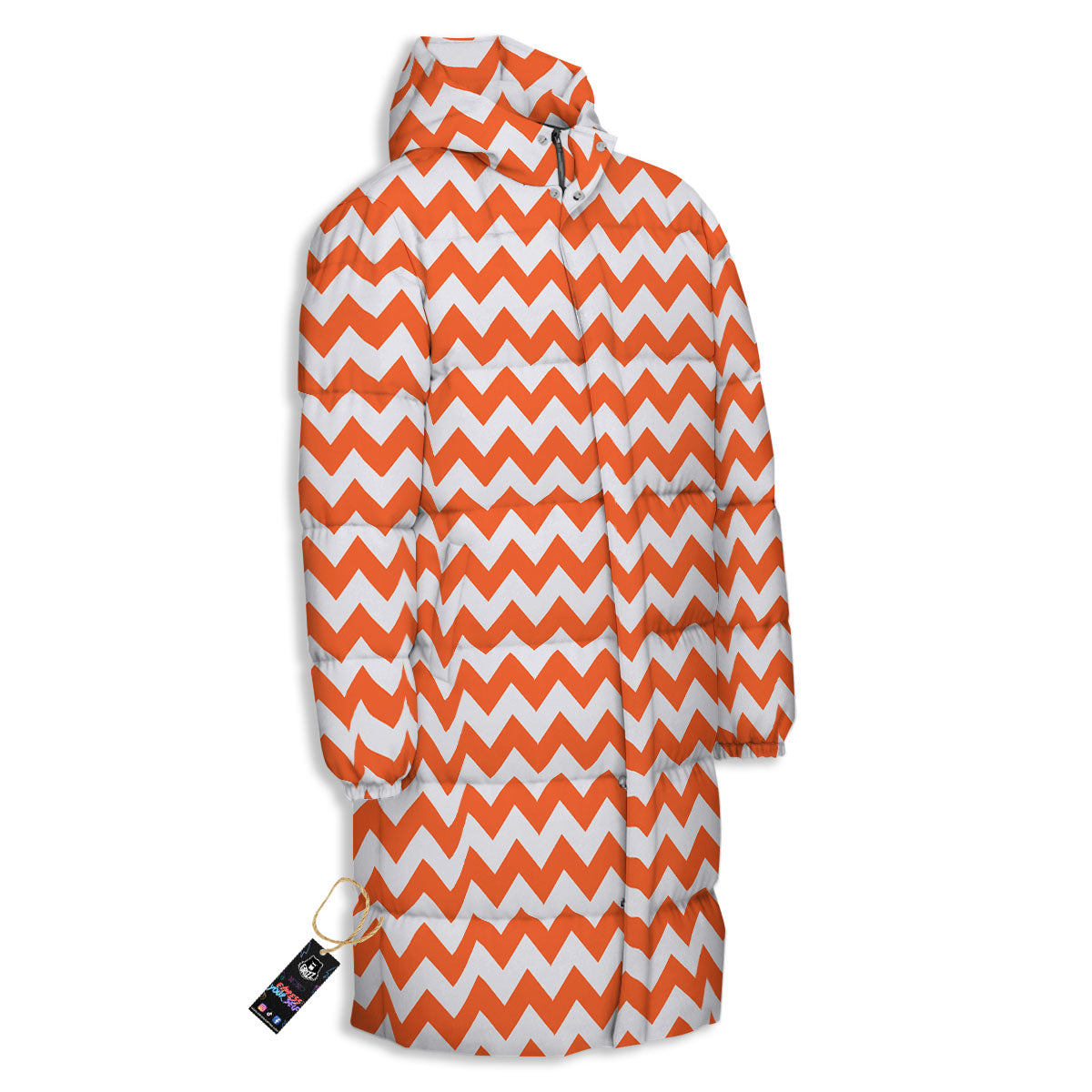 Chevron White And Orange Print Pattern Long Down Jacket-grizzshop