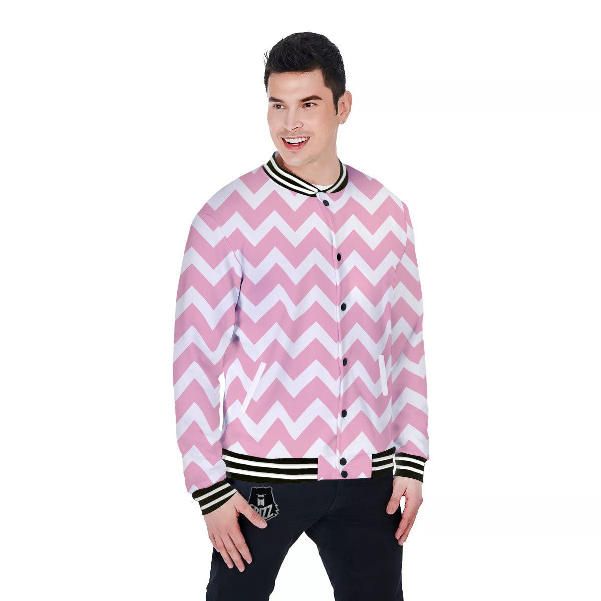 Chevron White And Pink Print Pattern Baseball Jacket-grizzshop