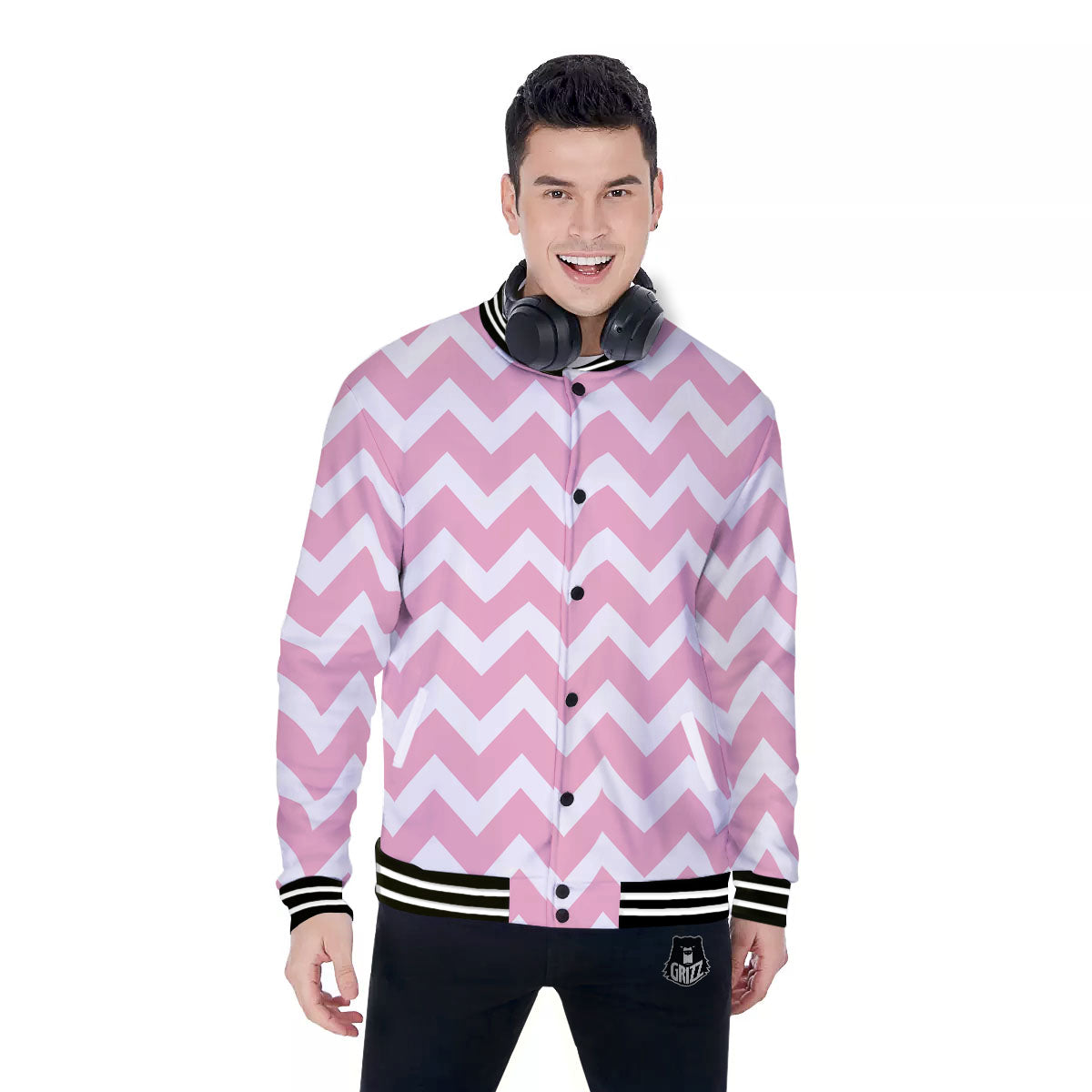 Chevron White And Pink Print Pattern Baseball Jacket-grizzshop