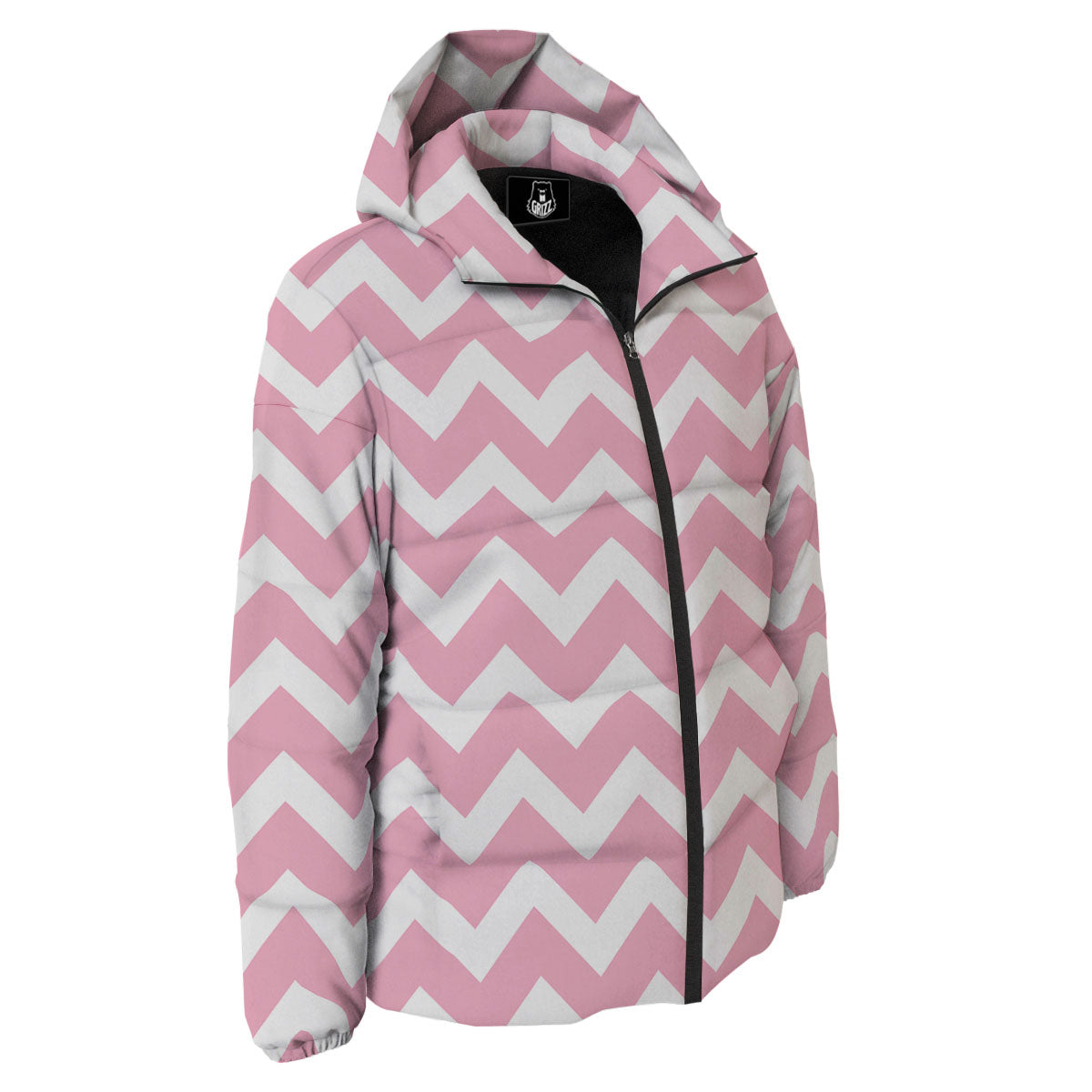 Chevron White And Pink Print Pattern Down Jacket-grizzshop