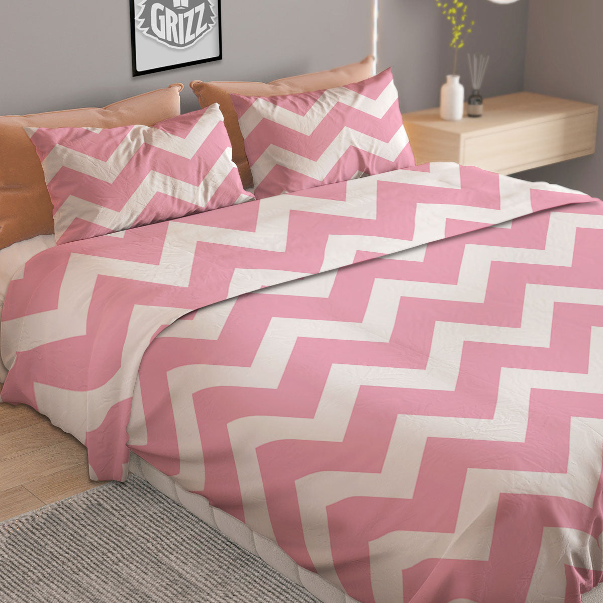 Chevron White And Pink Print Pattern Duvet Cover Bedding Set