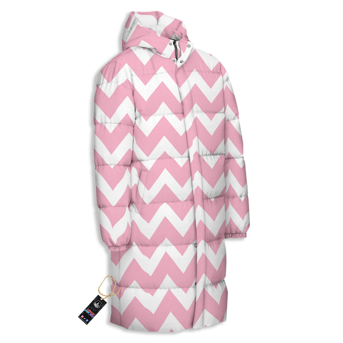 Chevron White And Pink Print Pattern Long Down Jacket-grizzshop