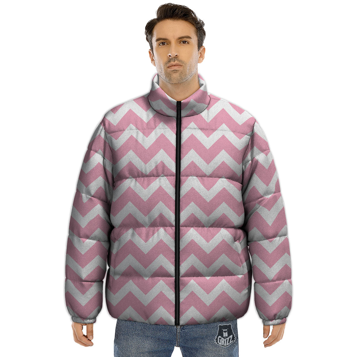 Chevron White And Pink Print Pattern Puffer Jacket-grizzshop