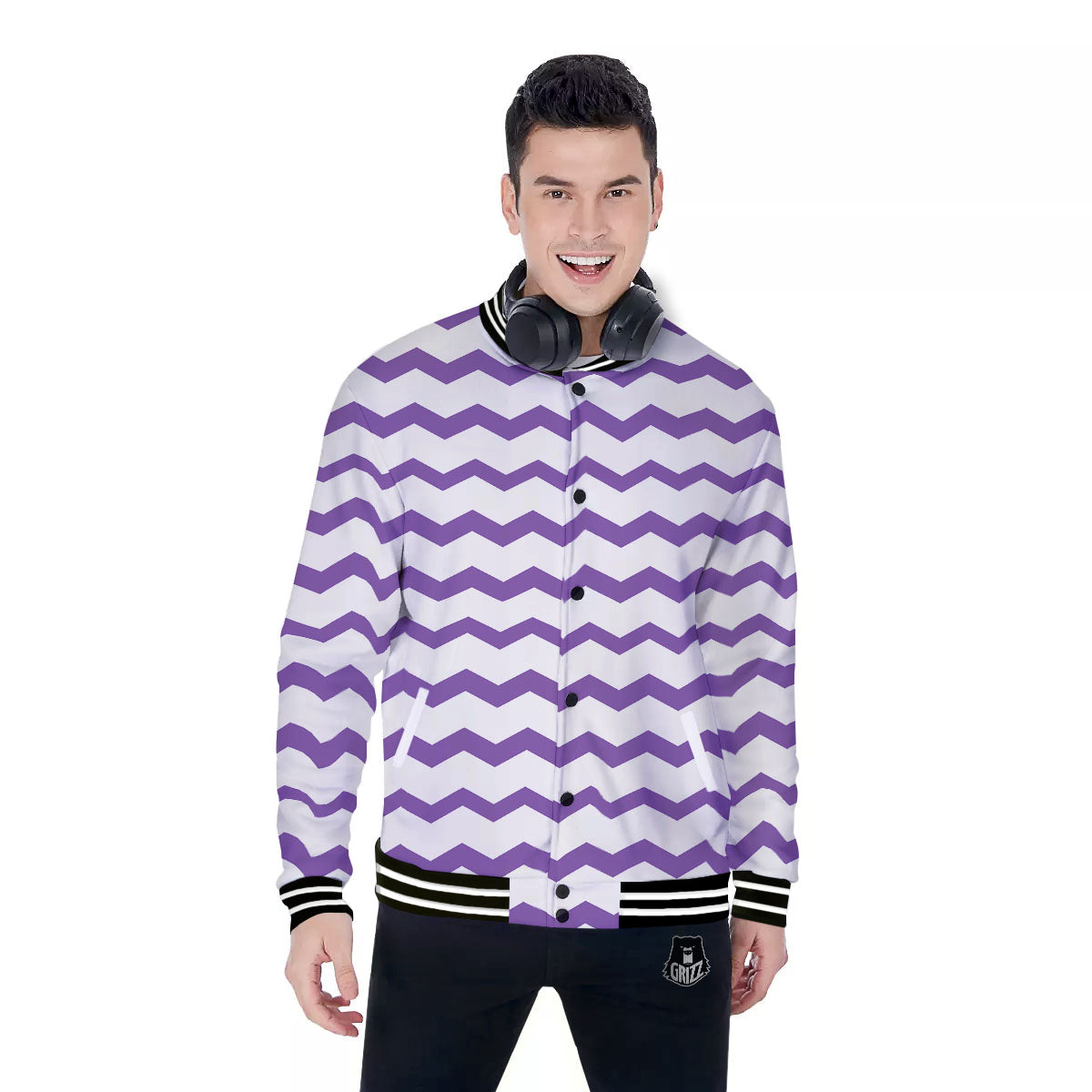 Chevron White And Purple Print Pattern Baseball Jacket-grizzshop