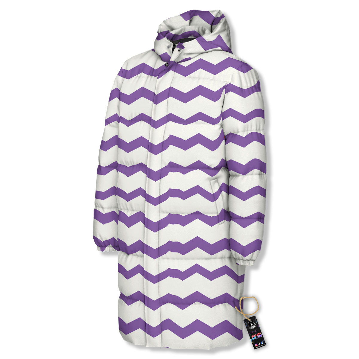 Chevron White And Purple Print Pattern Long Down Jacket-grizzshop