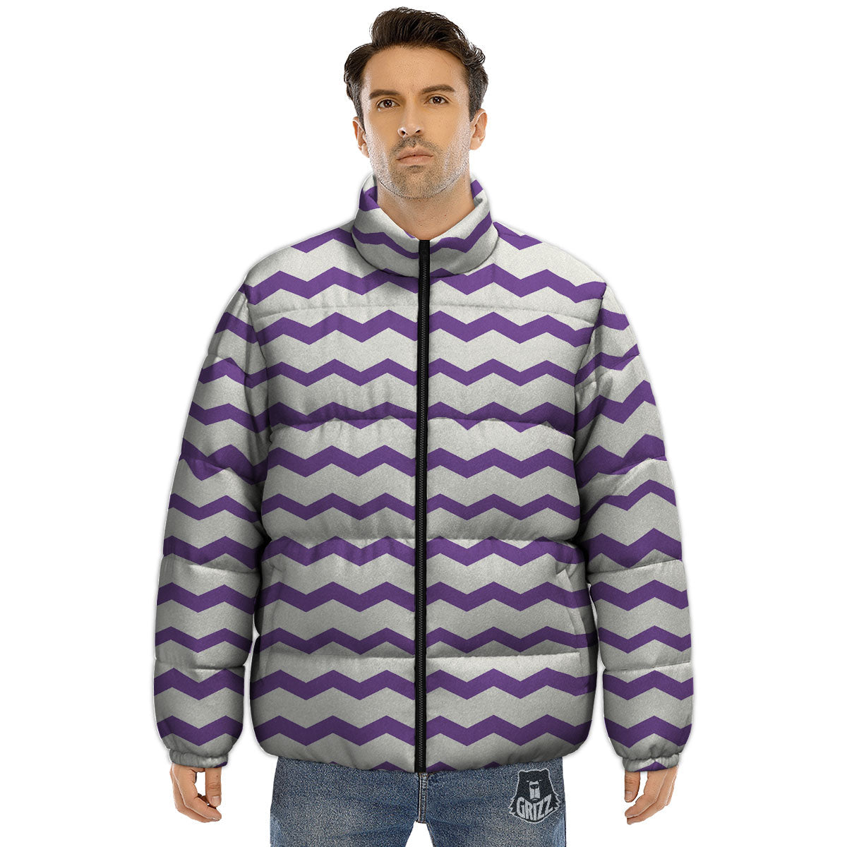 Chevron White And Purple Print Pattern Puffer Jacket-grizzshop