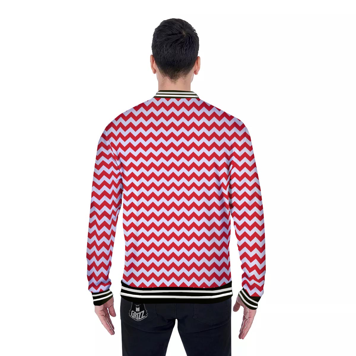 Chevron White And Red Print Pattern Baseball Jacket-grizzshop