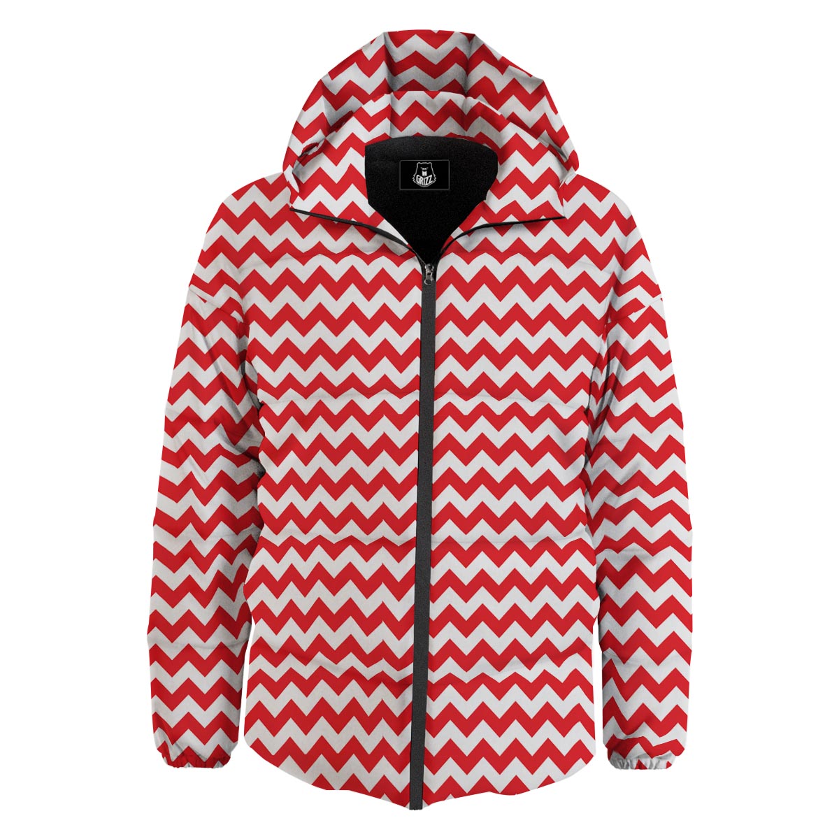 Chevron White And Red Print Pattern Down Jacket-grizzshop